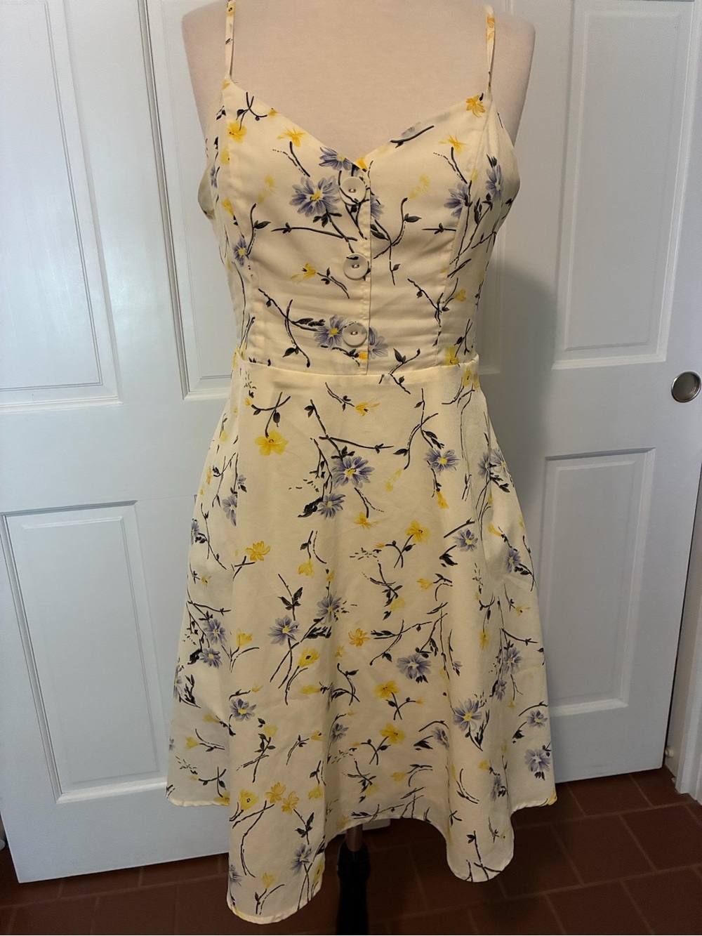 Modcloth Cream Floral Spaghetti-Strap Mini Dress with Yellow & Lavender Blooms
